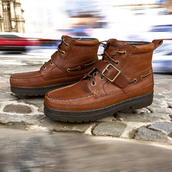 Share Vintage Polo Sport Ralph Lauren Boots Size 8.5 B Brown Leather Strap Buckl - Picture 2 of 10